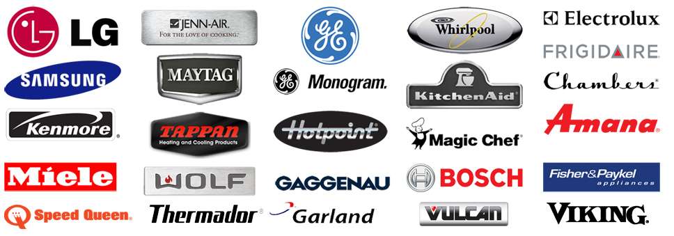 A collection of appliance brand logos including LG, Jenn-Air, GE, Whirlpool, Electrolux, Frigidaire, Samsung, Maytag, GE Monogram, KitchenAid, Chambers, Kenmore, Tappan, Hotpoint, Magic Chef, Amana, Miele, Wolf, Gaggenau, Bosch, Fisher & Paykel, Speed Queen, Thermador, Garland, Vulcan, and Viking.