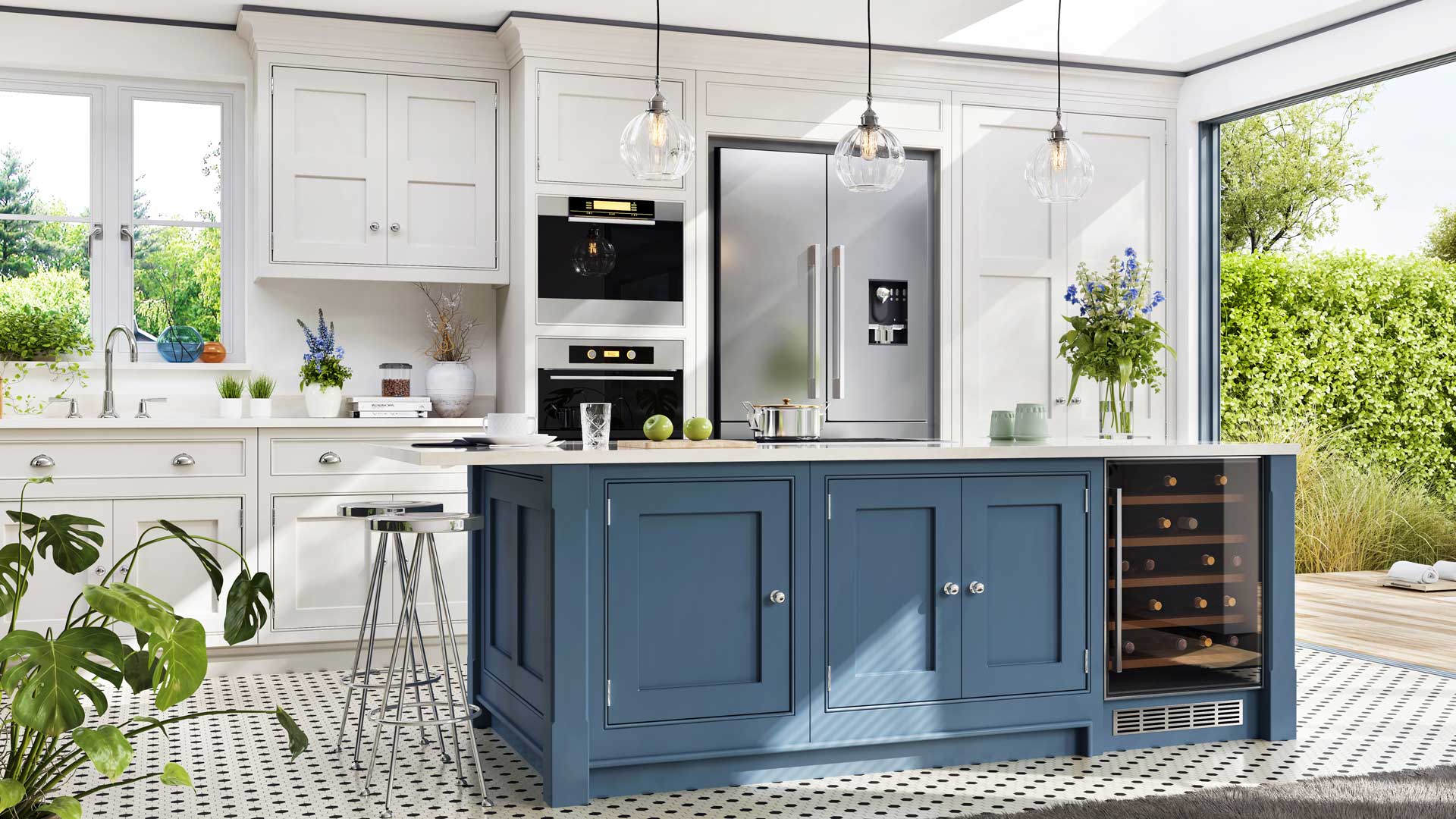 A kitchen with a blue island and a double-door stainless steel refrigerator